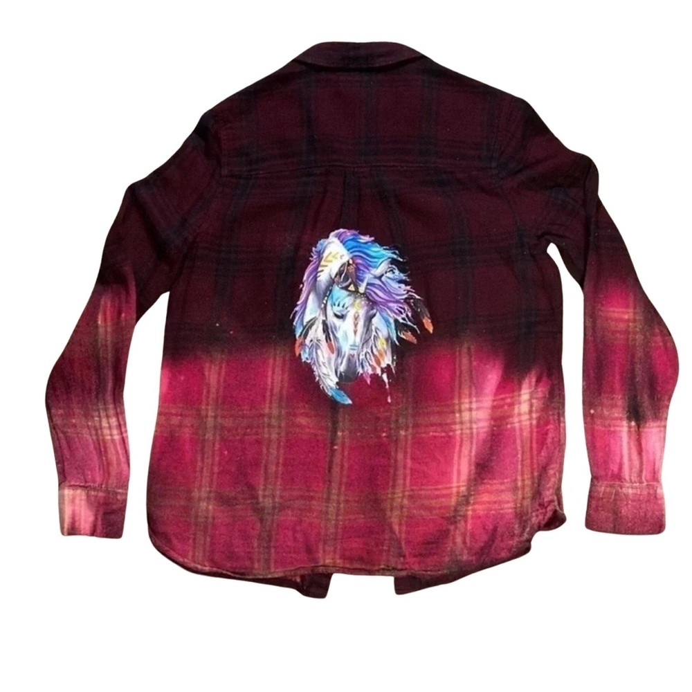 Jessica Simpson Bleached Repurposed Dark Red flannel with horse graphic-Size Med